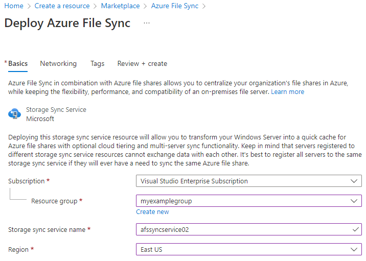 Capture d’écran montrant comment déployer le service de synchronisation de stockage dans le portail Microsoft Azure.