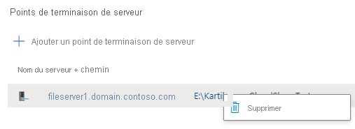 Capture d’écran montrant comment supprimer un point de terminaison de serveur d’un groupe de synchronisation.