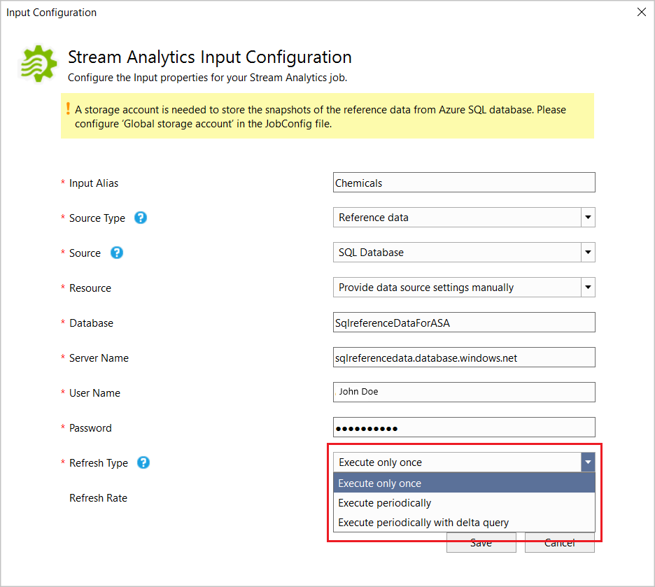 Dans Configuration de l’entrée Stream&nbsp;Analytics, les valeurs sont entrées ou sélectionnées dans des listes déroulantes.