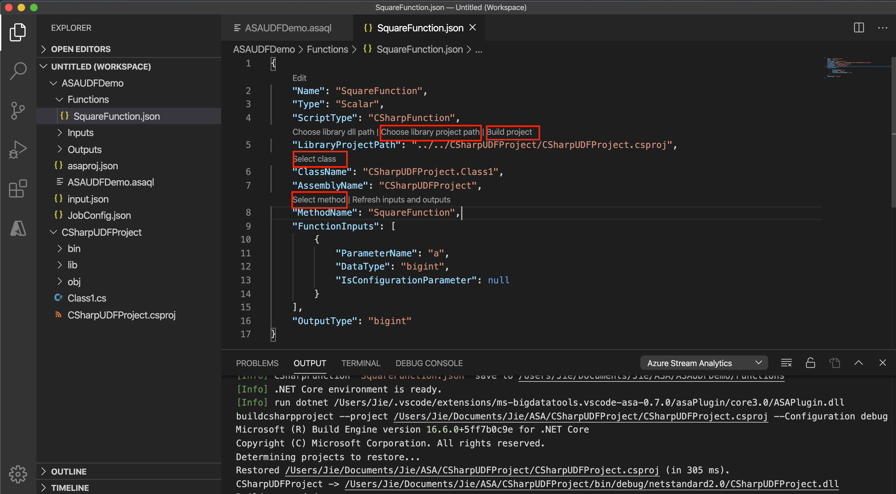 Fonction Stream Analytics CSharp configuration VS Code