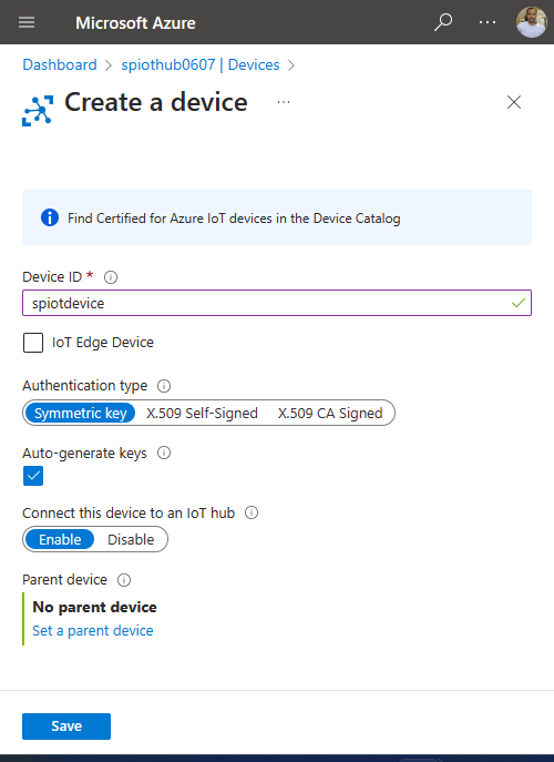 Capture d’écran montrant la page Créer un appareil.