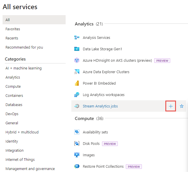 Capture d’écran montrant la sélection des travaux Stream Analytics dans la page Tous les services.