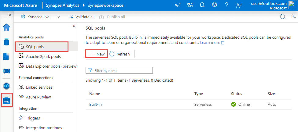 Capture d’écran montrant comment créer un pool Azure&nbsp;Synapse SQL dédié à partir de Synapse&nbsp;Studio.