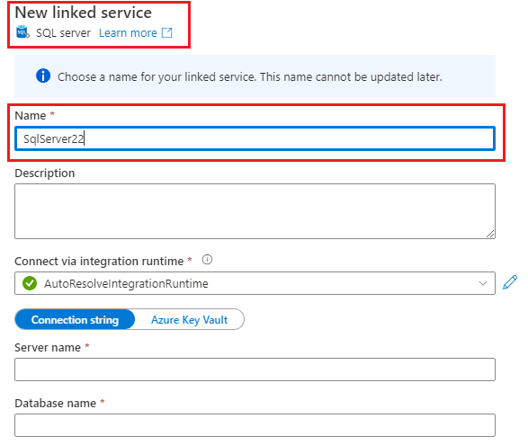 Capture d’écran présentant où entrer les noms du serveur et de la base de données à connecter.