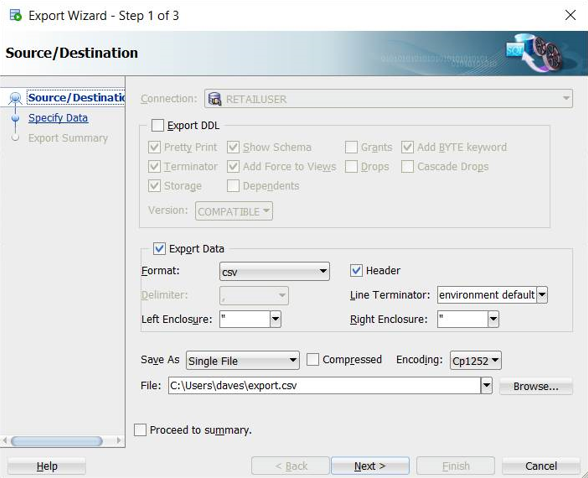 Capture d’écran de l’Assistant Exportation de SQL Developer.