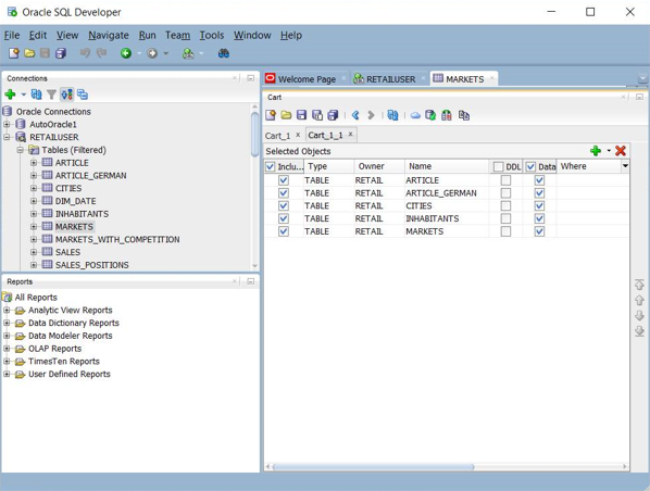 Capture d’écran de l’option Panier dans SQL Developer.