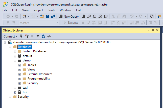 Capture d’écran montrant la fenêtre Explorateur d’objets pour le pool SQL serverless.