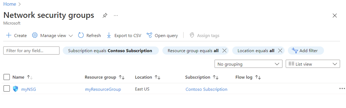 Capture d’écran de la liste des groupes de sécurité réseau dans le portail Azure.