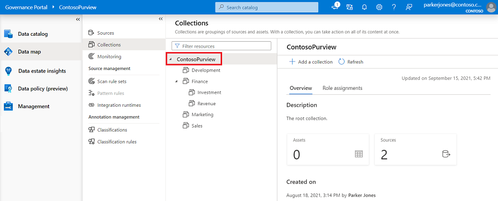Capture d’écran de la fenêtre du portail de gouvernance Microsoft Purview classique, ouverte sur Data Map, avec la collection racine mise en surbrillance.