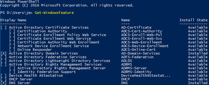 Résultats de la commande Get-WindowsFeature