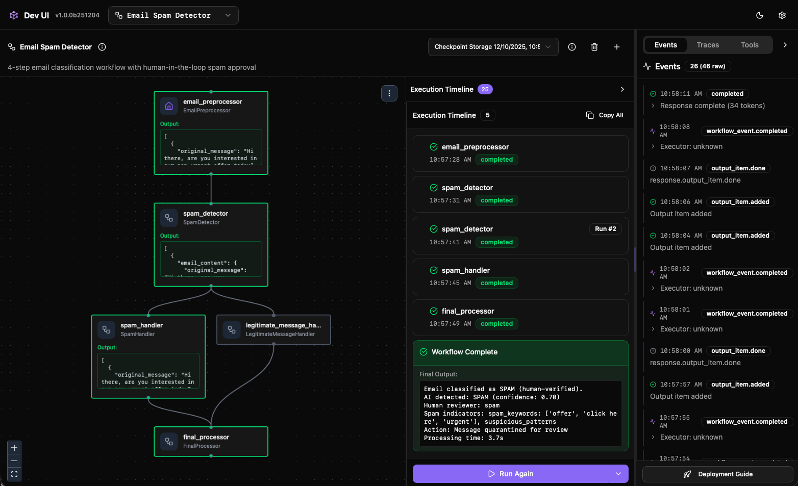 Tableau de bord DevUI agent Framework montrant le répertoire et le suivi de l’agent