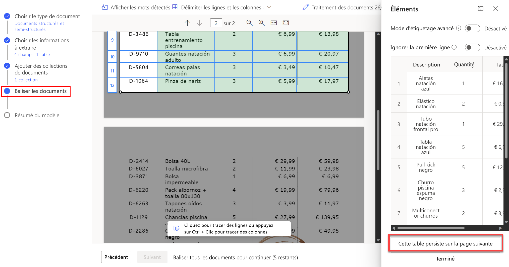 Capture d’écran montrant qu’il faut sélectionner l’option «&nbsp;Ce tableau continue sur la page suivante&nbsp;» pour continuer à baliser un tableau qui s’étend sur plusieurs pages.