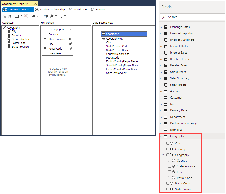 Type d’attribut dimension dans la liste des champs SSDT et Power BI
