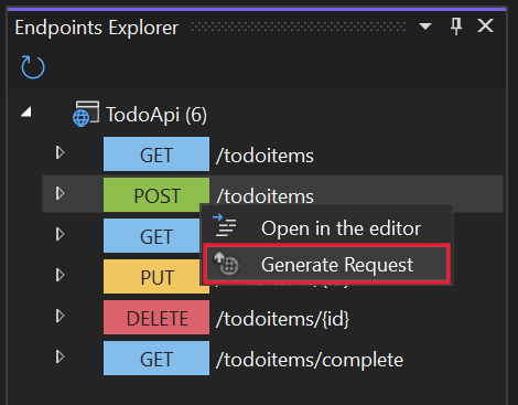 Menu contextuel Endpoints Explorer mettant en surbrillance l’élément de menu Générer une demande.