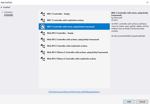 Capture d'écran montrant la boîte de dialogue Ajouter un gabarit. Le contrôleur MVC 5 avec des vues, utilisant Entity Framework, est sélectionné.