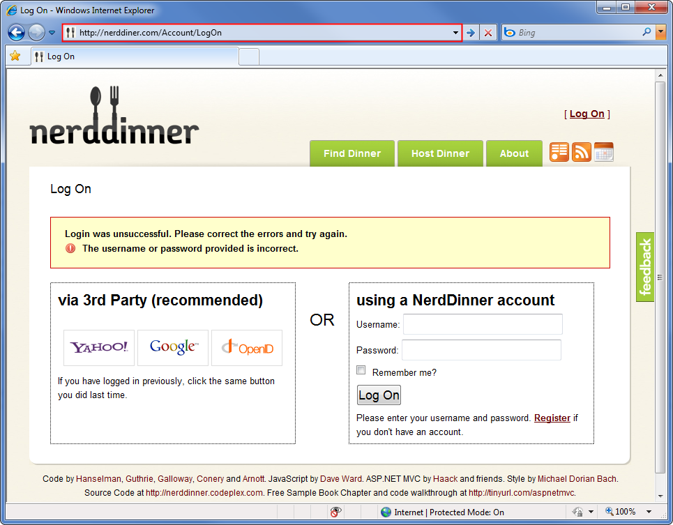Capture d’écran montrant la page Nerd Dinner Log On falsifiée, invitant l’utilisateur à saisir ses informations d’identification. L’U R L falsifié dans la barre de titre est mis en surbrillance.