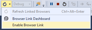 Capture d’écran de Visual Studio, avec Activer Browser Link affiché et décoché dans le menu déroulant Browser Link.