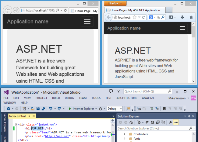 Capture d’écran d’un projet S P dot Net, avec l’application s’exécutant dans deux navigateurs, côte à côte et projet affichés ci-dessous dans Visual Studio.