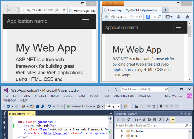 Capture d’écran d’un projet S P dot Net, avec les modifications qui s’affichent dans les fenêtres du navigateur affichées côte à côte et projet affichés ci-dessous dans Visual Studio.