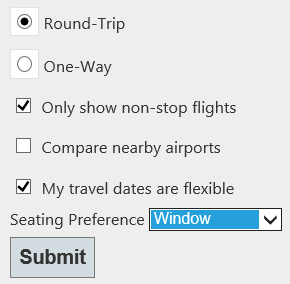 Capture d’écran du formulaire HTML avec le cercle Aller-retour rempli et les cases Afficher uniquement les vols sans escale et Mes dates de voyage sont flexibles cochées.