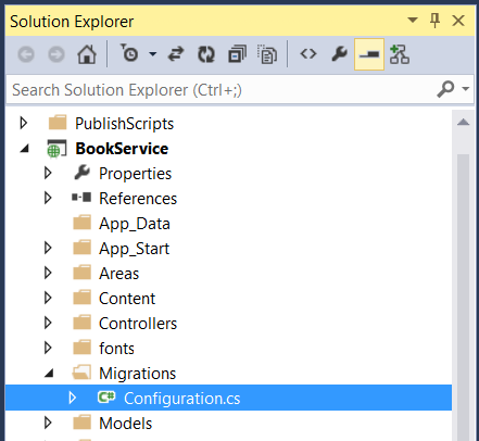 Capture d’écran de l’Explorateur de solutions montrant la hiérarchie des dossiers avec le fichier Configuration dot c s mis en évidence en bleu.