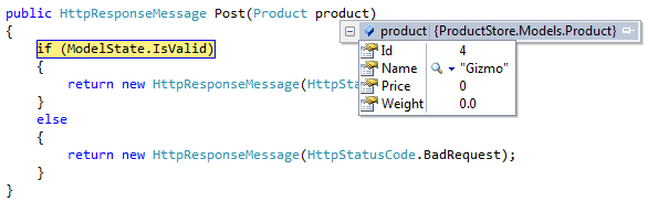 Capture d’écran de l’extrait de code avec les options de menu déroulant du Product Store dot Models dot Product.