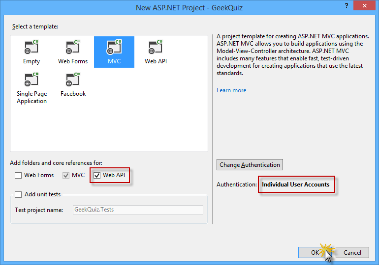 Création d’un projet avec le modèle MVC, y compris les composants d’API web