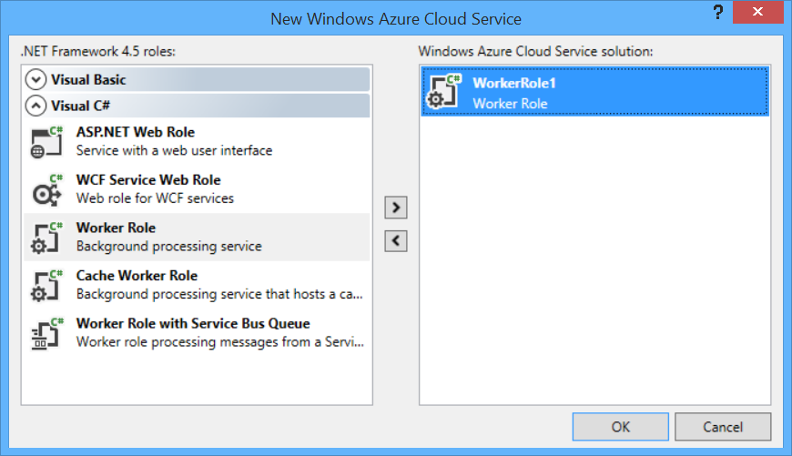 Capture d’écran de la boîte de dialogue « Nouveau service cloud Windows Azure », montrant les options de menu pour créer un rôle de travail.