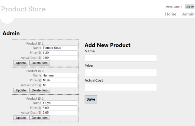 Capture d’écran d’une vue d’administrateur d’application de magasin simple.