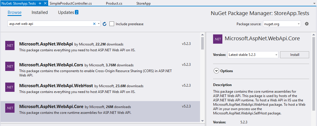 installer le package principal d’API web