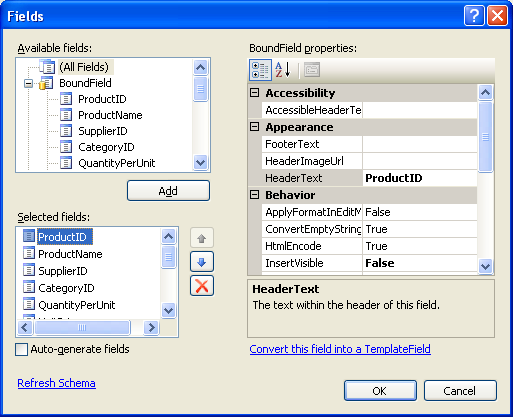 Gérer les boundFields de GridView via la boîte de dialogue Modifier les colonnes