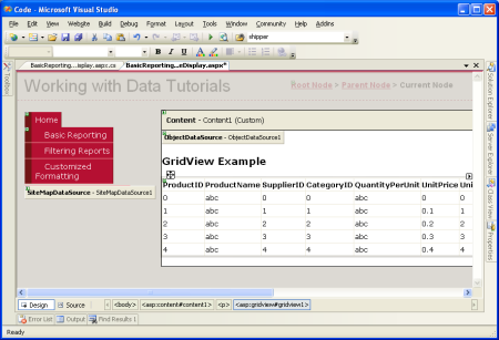 Un GridView a été ajouté à la page et lié à ObjectDataSource