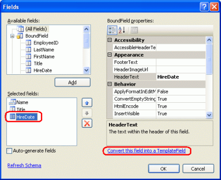 Convertir le BoundField HiredDate en TemplateField