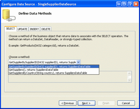 Configurer SingleSupplierDataSource ObjectDataSource pour utiliser la méthode GetSupplierBySupplierID(supplierID)