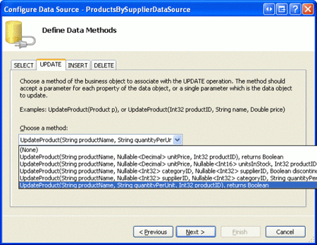 Configurer l'ObjectDataSource pour utiliser la surcharge UpdateProduct juste créée