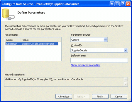 Utilisez la propriété SuppliersDetails DetailsView s SelectedValue comme source de paramètre