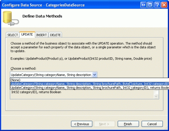 Configurer ObjectDataSource pour utiliser la méthode UpdateCategory qui inclut un paramètre pour l’image