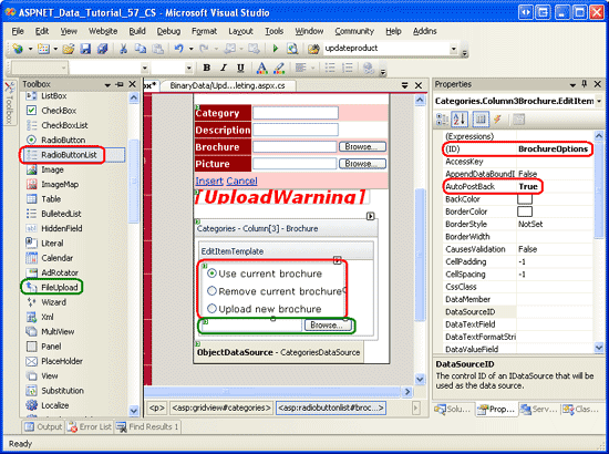 Ajouter un contrôle RadioButtonList et FileUpload à EditItemTemplate