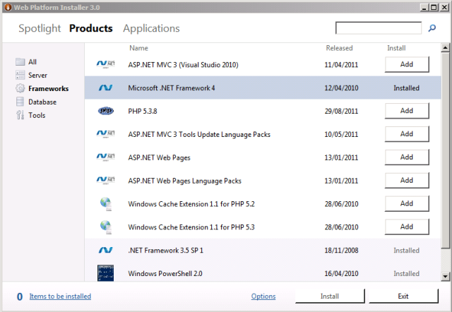 Si un produit ou un composant est déjà installé, web Platform Installer indique cela en remplaçant le bouton Ajouter par le texte Installé.
