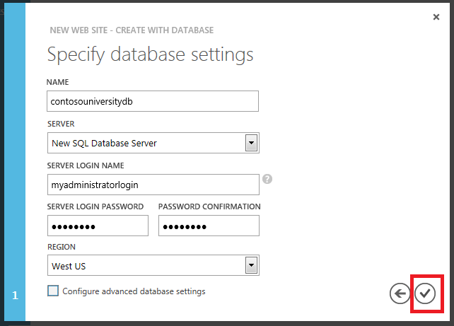 Étape Paramètres de base de données du nouveau site web - Créer avec l’Assistant Base de données