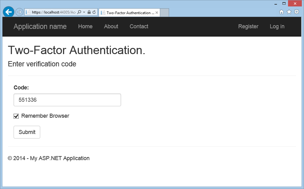 Capture d’écran de la fenêtre du navigateur d’authentification Two-Factor montrant le champ Code avec le code de vérification entré et le bouton Envoyer.