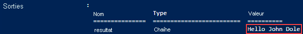 Capture d’écran de la sortie du script de déploiement de modèle Azure Resource Manager, **hello world**.