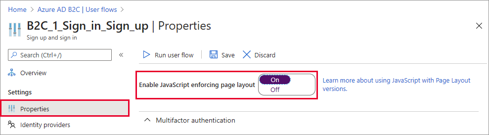 Page des propriétés de flux utilisateur avec le paramètre Activer JavaScript mis en surbrillance