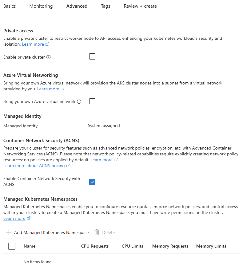  Capture d’écran de l’onglet Avancé lors de la création d’un cluster automatique AKS dans le portail Azure.