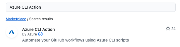 Résultat de la recherche pour « Action Azure CLI » avec le premier résultat affiché comme effectué par Azure