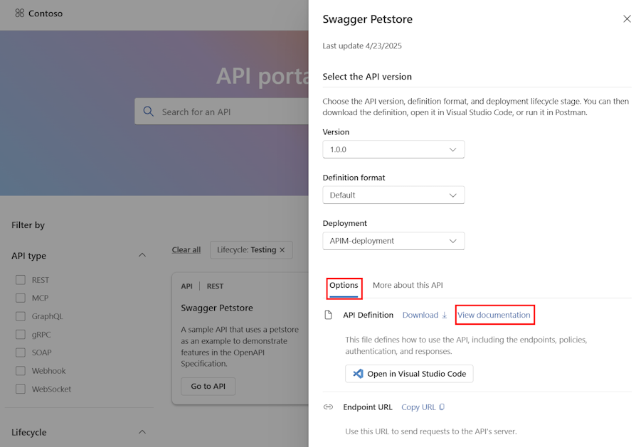 Capture d’écran des détails de l’API dans le portail du Centre des API.