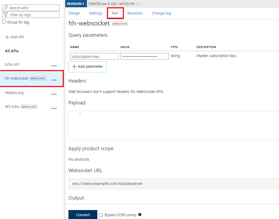Capture d’écran montrant les options de test de l’API.