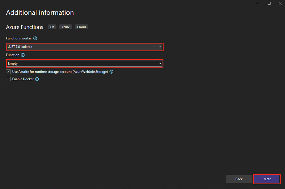 Screenshot de la boîte de dialogue Créer une application Azure Functions dans Visual Studio.