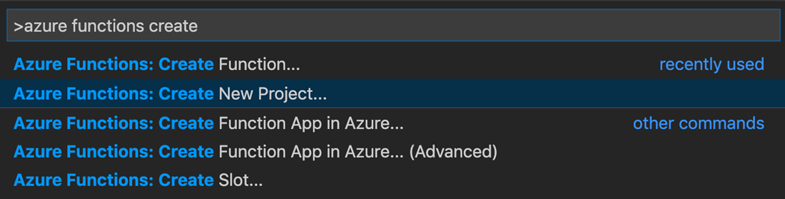 Capture d’écran de la fenêtre Créer un projet dans Visual Studio Code pour Azure Functions.