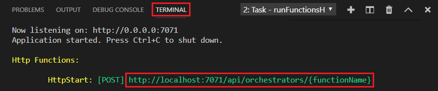 Capture d’écran de la sortie locale Azure Functions dans le terminal montrant l’URL du point de terminaison HTTP.
